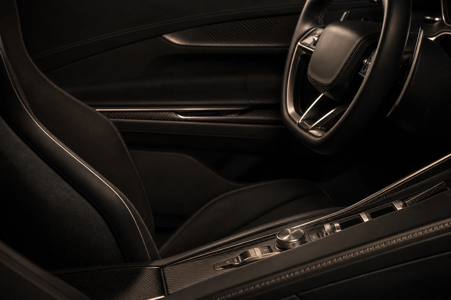 Black leather and champagne stitching detail