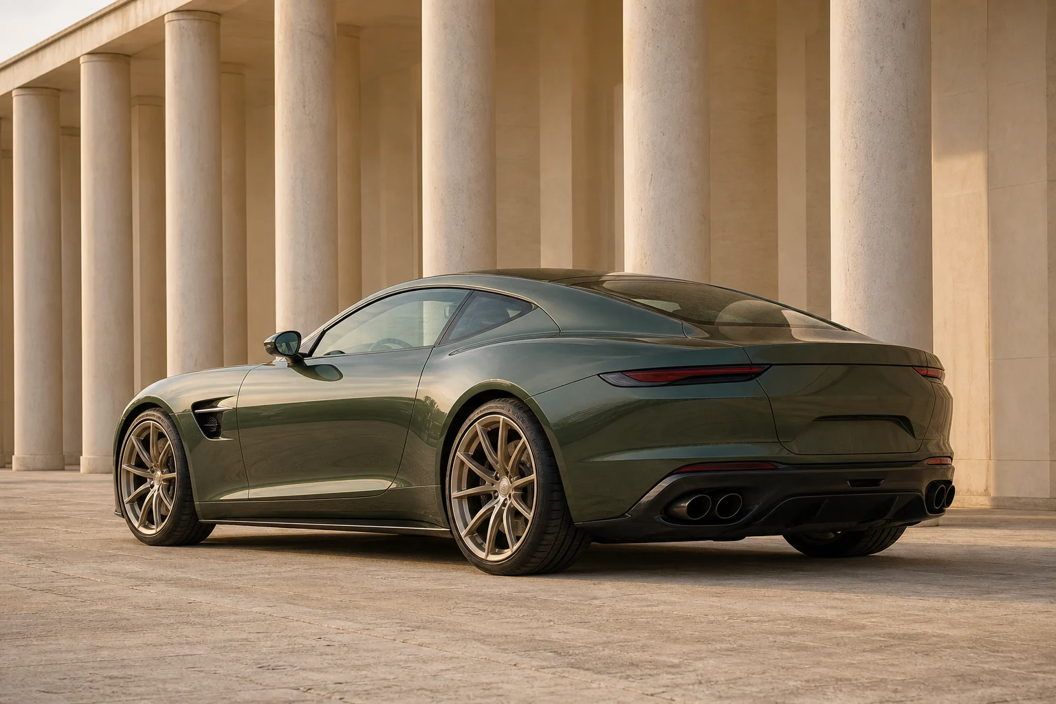 Olive NOIR R-03 grand tourer beside a stone colonnade