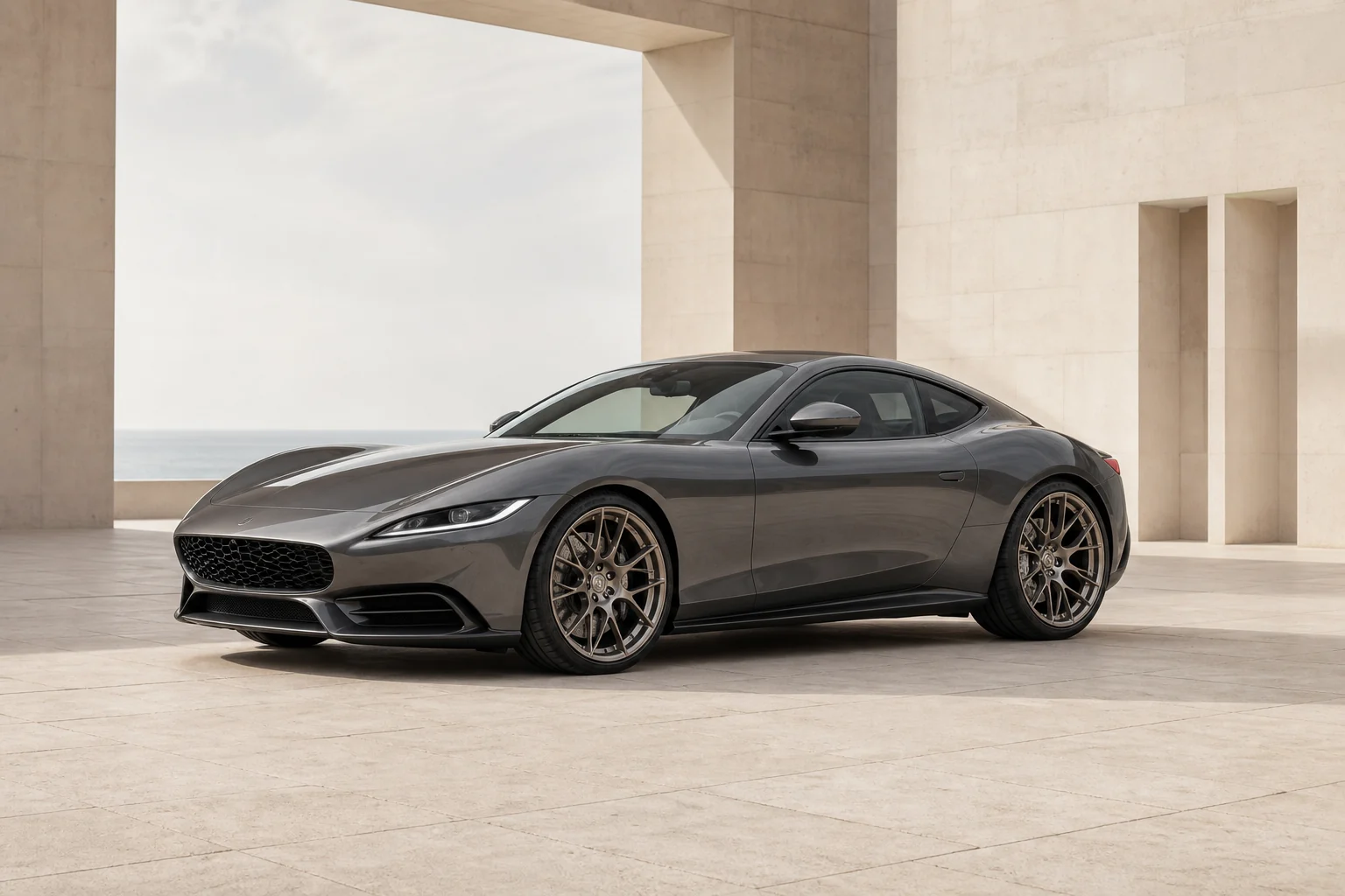 Graphite NOIR S-02 coupe in a limestone gallery